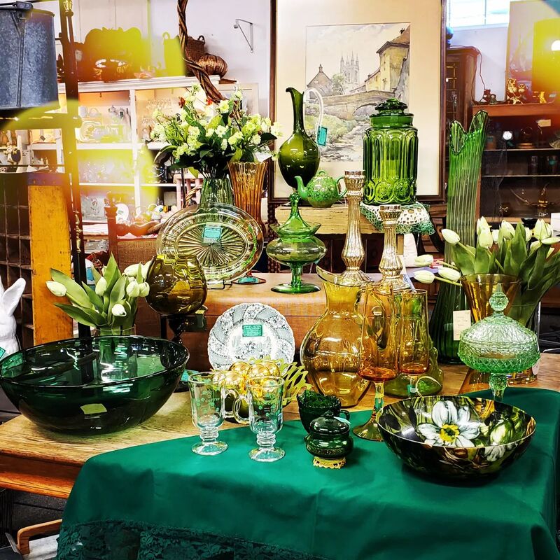 Vintage glass collection at Apple Annie Antique Gallery
